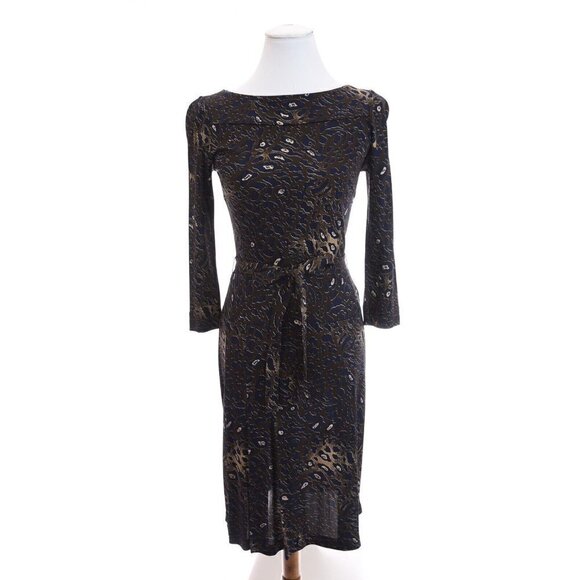 Tory Burch Sz XS Belted Shift Dress Pleated Drop Waist Slinky Brown Blue Stretch - Picture 11 of 12